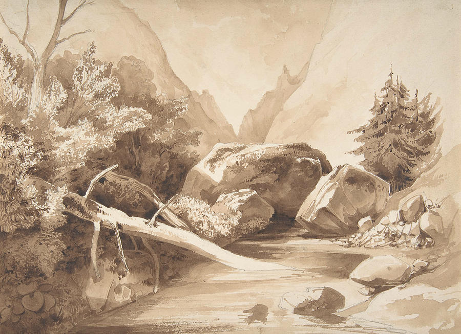 Mountainous Landscape with a Brook Drawing by Franz Kobell