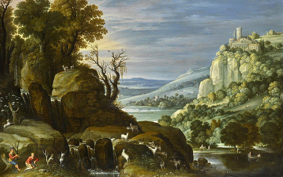 Mountainous landscape with a clifftop castle ad goats frolicking on the rocks Painting by Maerten Ryckaert
