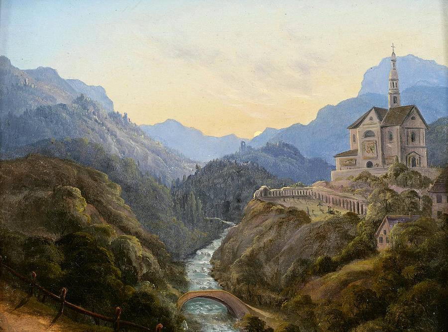 Mountainous Landscape with a River Valley and an Abbey at Evening Light Painting by Carl Gustav Carus