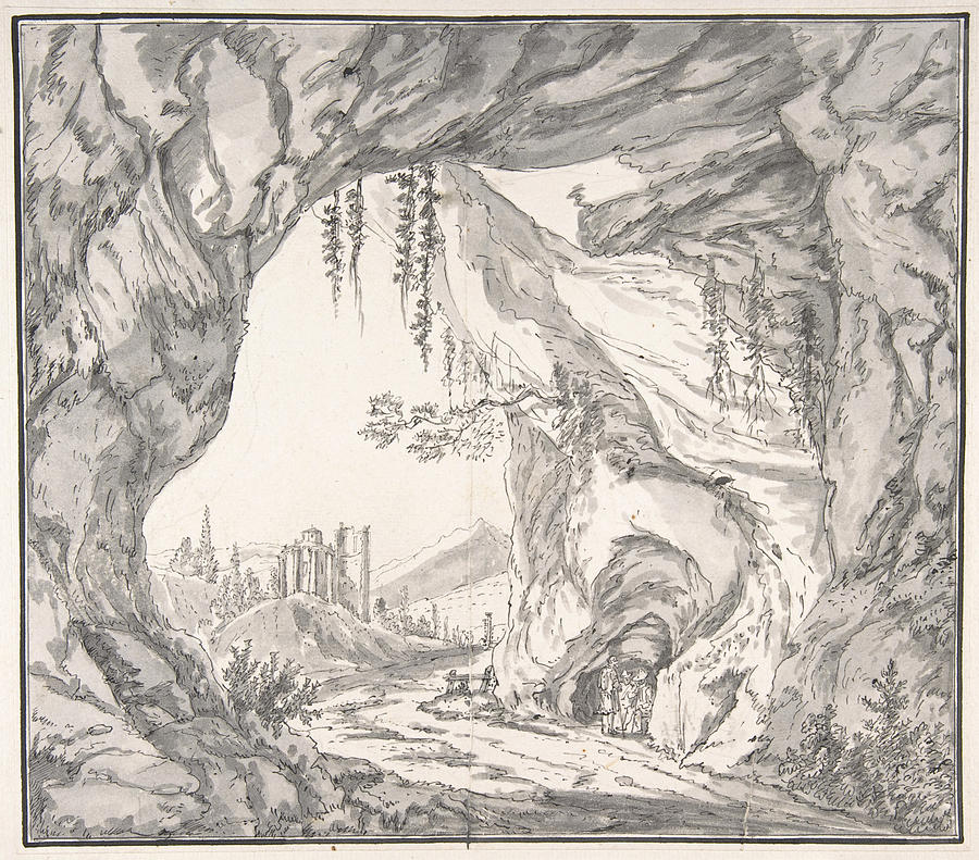 Mountainous Landscape with Ruins of a Castle and Three Men in a Cave Seen through a Stone Gate  Drawing by Johann Caspar Huber