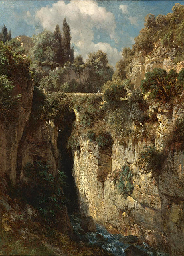 Beautiful Painting - Mountainous Landscape with Waterfall by Johann Gottfried Steffan