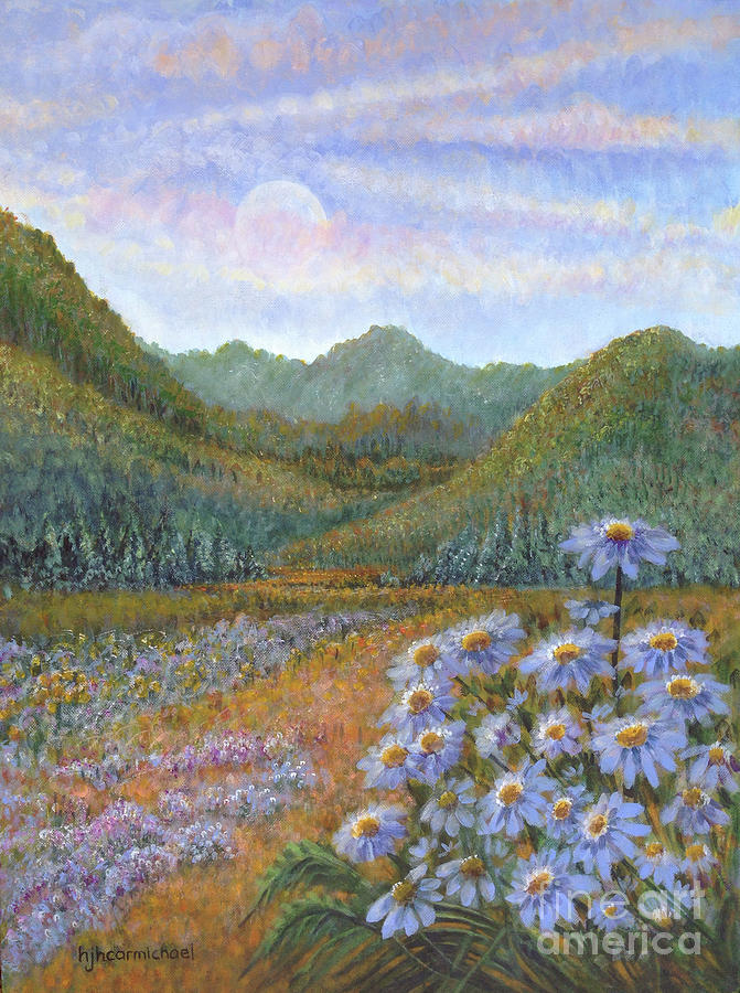 Mountains and Asters Painting by Holly Carmichael