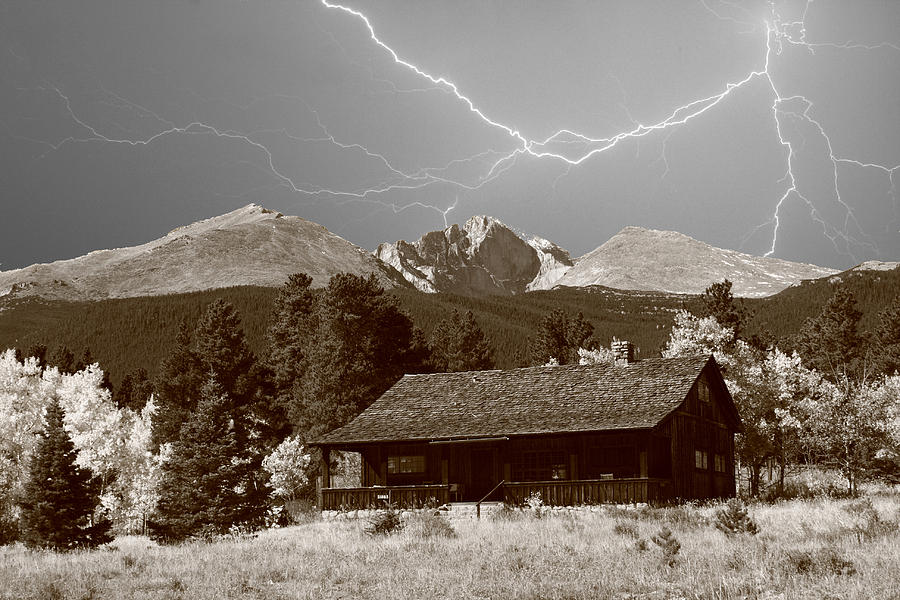 Mountains Cabin - Lightning - Longs Peak Photograph