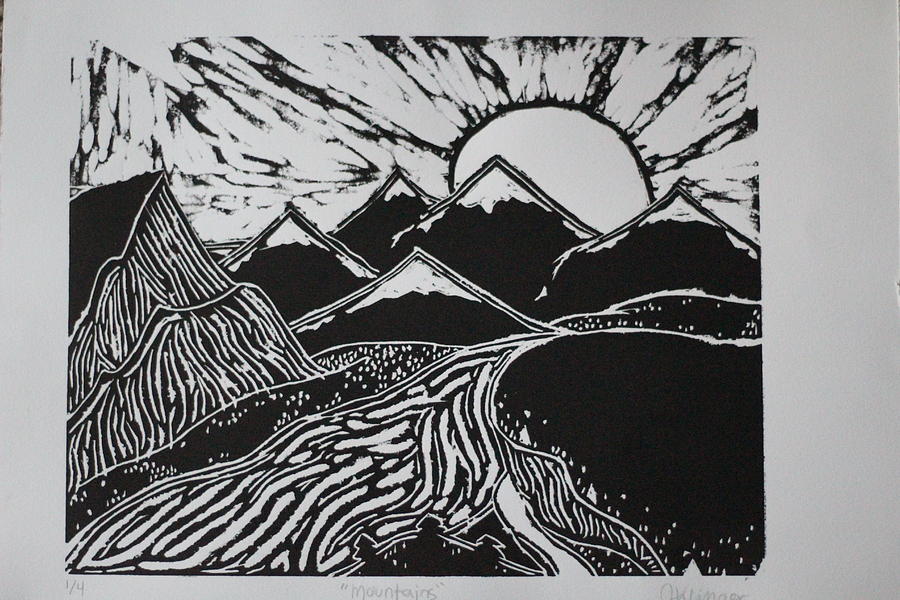 Landscape Nature Inspired Handmade Art Illustration Printmaking Sky Rolling Hills Mountain Scene Relief Screen Print