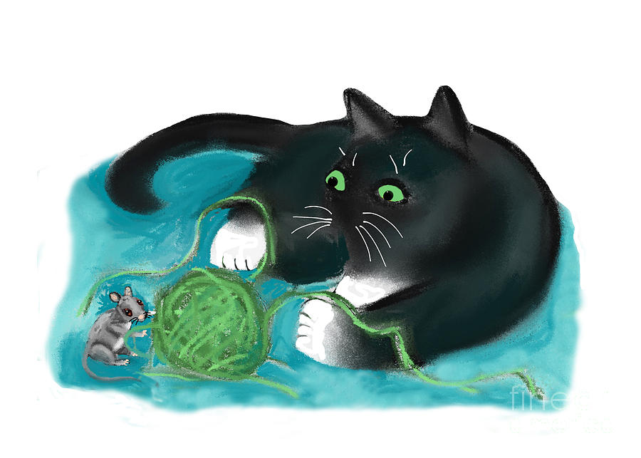 Mouse and Kitten Play with Green Yarn Ball Digital Art by Ellen Miffitt