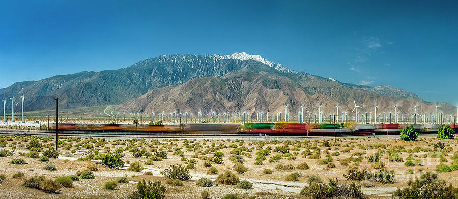 Moving Train Wind Turbines Snow Capped Mountains Oh My Photograph by David Zanzinger