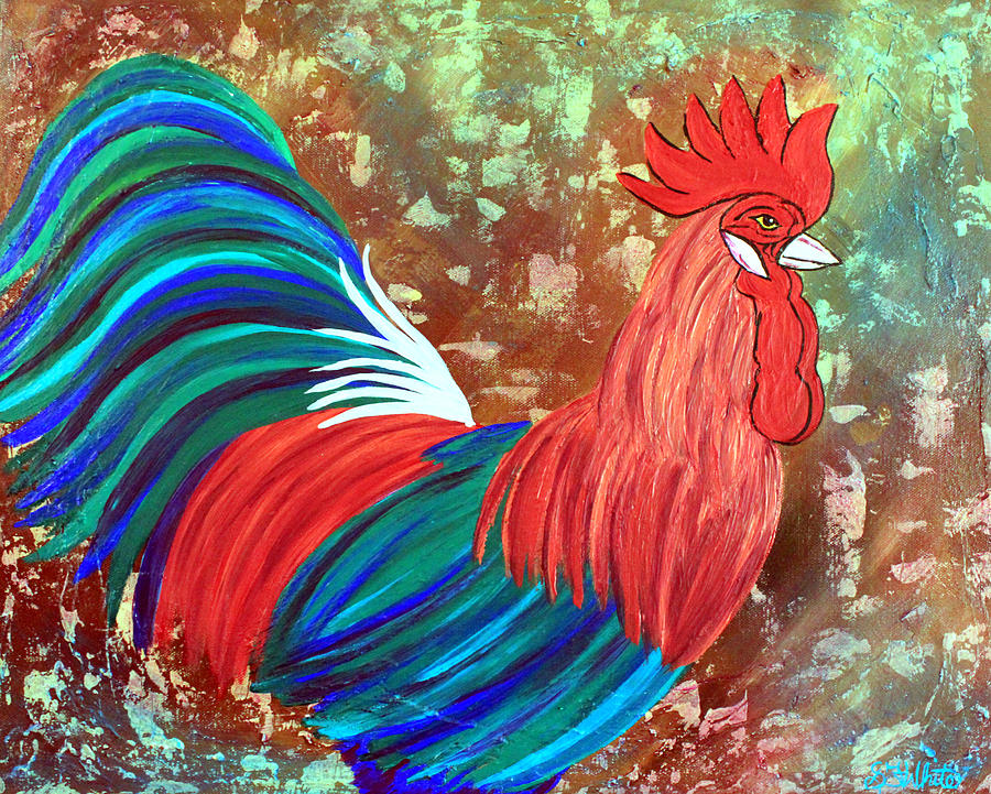 Abstract Painting - Mr. Chip The Rooster II by Stephanie Fewell White