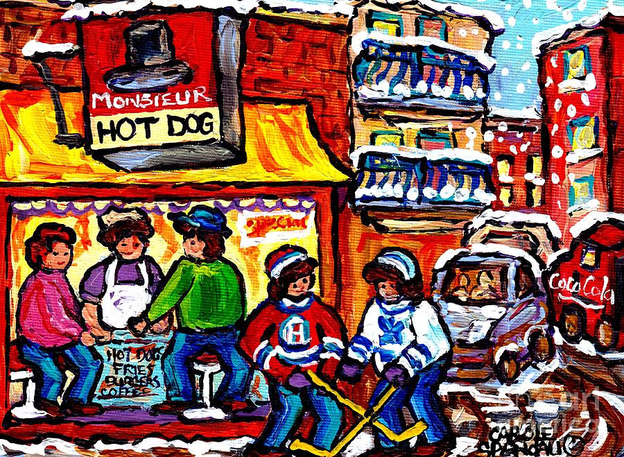 Mr Hot Dog Montreal Snowy Winter City Scenes Hockey Art Canadian Artist Carole Spandau               Painting by Carole Spandau