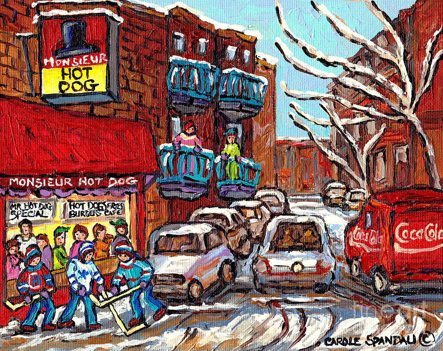 Mr Hot Dog Restaurant Montreal Memories Hockey Game Winter Street Scene Canadian Art Carole Spandau  Painting by Carole Spandau