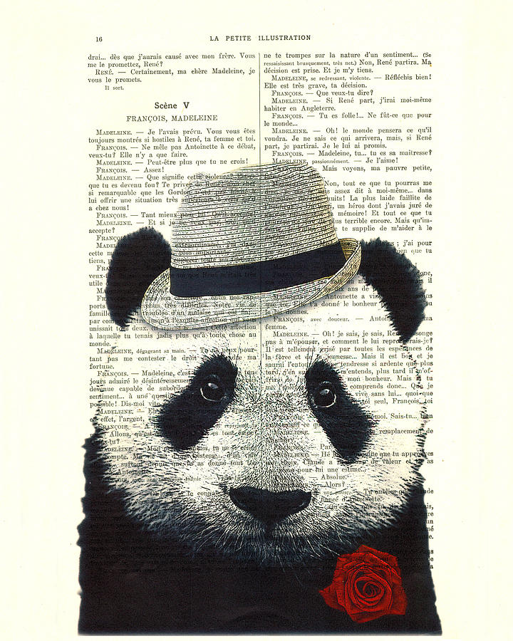 Vintage Digital Art - Panda With Fedora Hat And Red Rose by Madame Memento