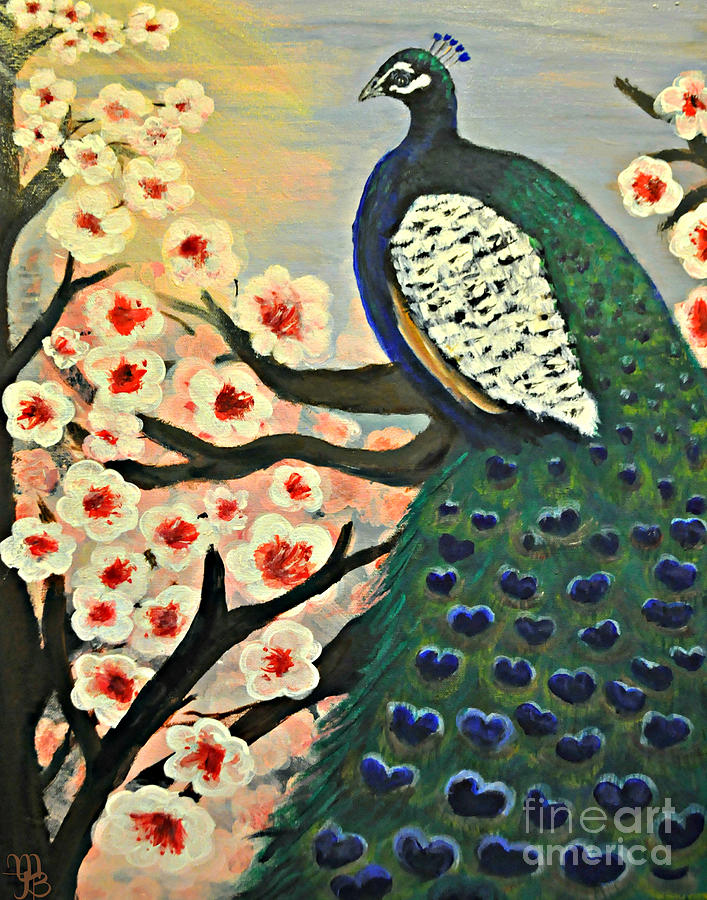  Mr. Peacock Cherry Blossom Painting by Mindy Bench