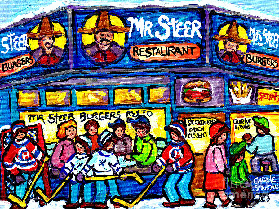Mr Steer Burgers Montreal Restaurant Paintings Winter Street Scenes Hockey Art Canadian Artist       Painting by Carole Spandau