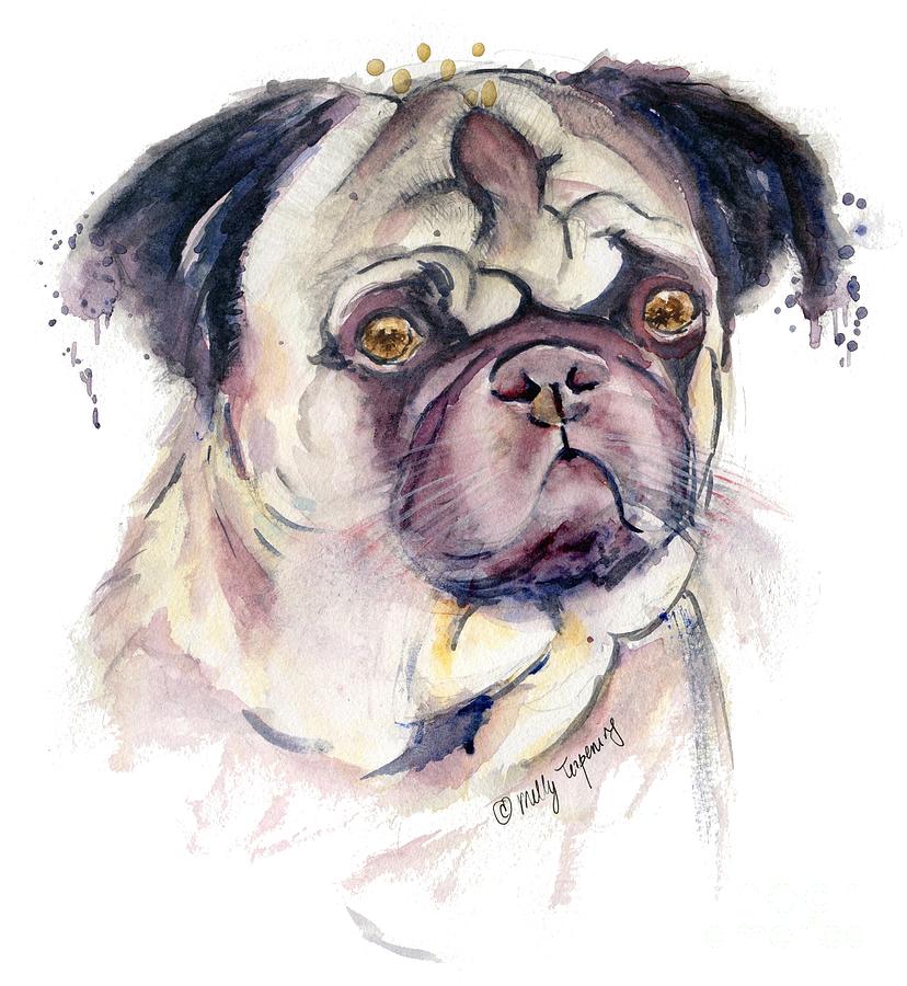 Mr Thinker Pug watercolor Painting by Melly Terpening