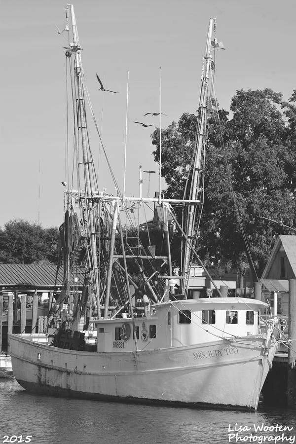 Boat Photograph - Mrs. Judy Too Black And White by Lisa Wooten