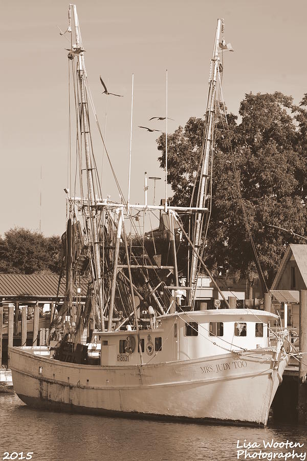 Boat Photograph - Mrs. Judy Too Shrimp Boat Sepia by Lisa Wooten