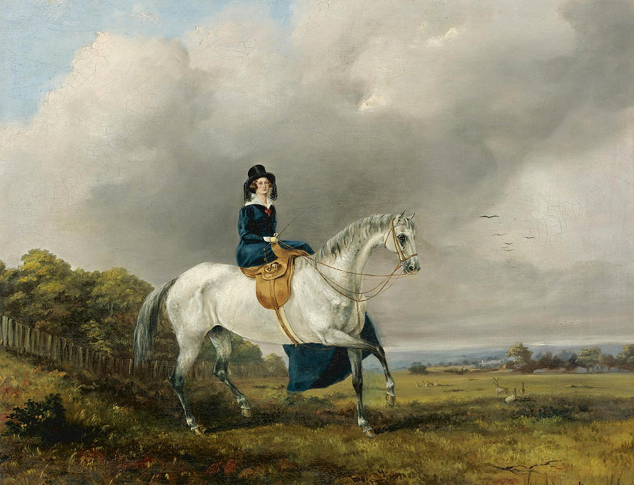 Mrs. Lowe on a Grey Horse Painting by Attributed to Henry Richard Graves
