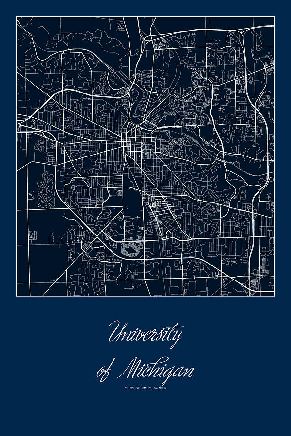 University Of Michigan Digital Art - U of M Street Map - University of Michigan in Ann Arbor Map by Jurq Studio