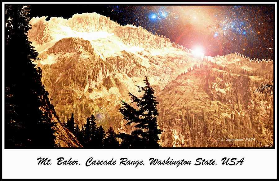 Mt. Baker, Cascade Range, Washington State, Starry Night Digital Art by A Macarthur Gurmankin