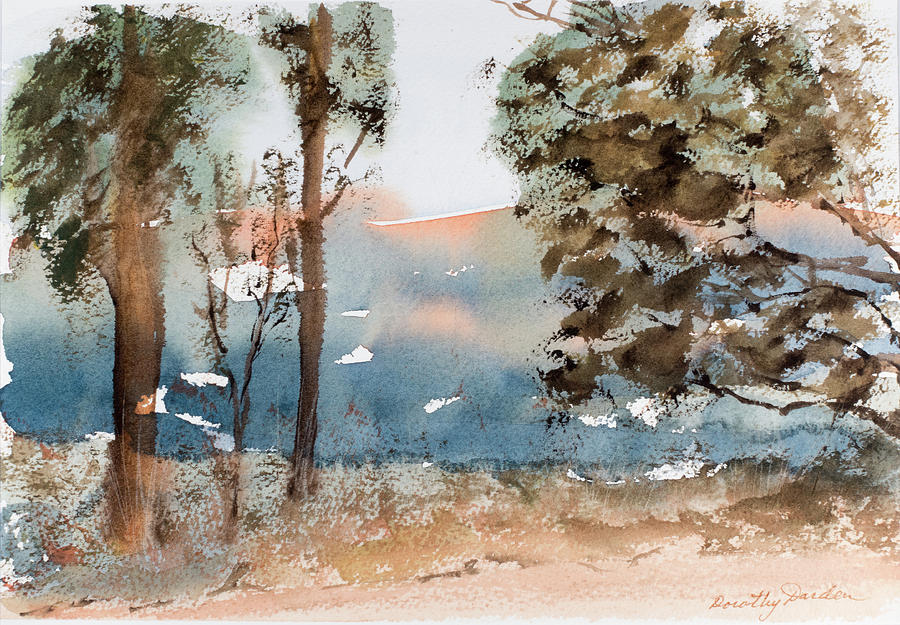 Mt Field Gum Tree Silhouettes against Salmon coloured Mountains Painting by Dorothy Darden