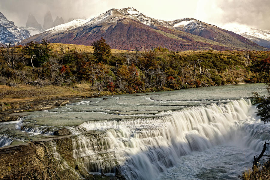 The famous Towers loom over Patagonian waterfall Photograph by Steven Upton
