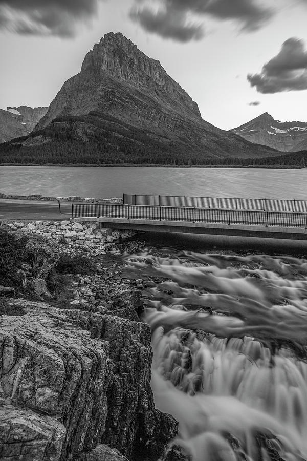Mt Grinnell and waterfall Black and White  Photograph by John McGraw
