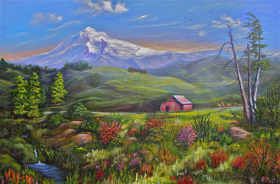 Mt Hood Fantasy Farm Painting By Mary Leiseth