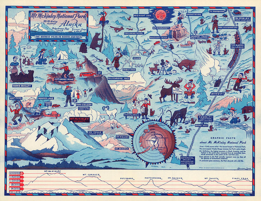 Mt Mckinley National Park Alaska Vintage Illustrated Map Graphic Map - 