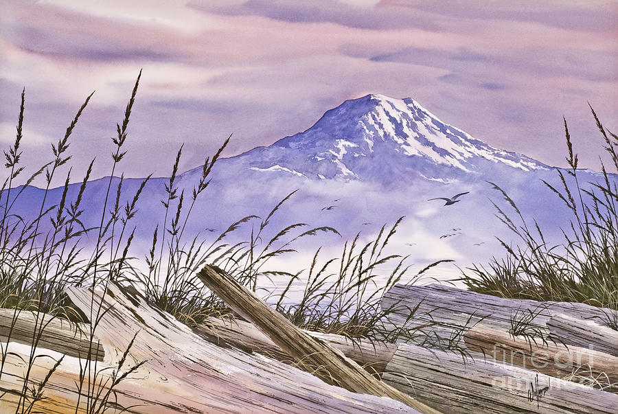 Mt. Rainier Driftwood Shore Painting by James Williamson