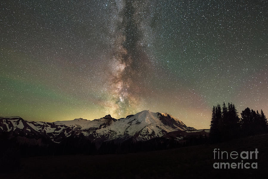 Mt Rainier Erupting With Stars Photograph by Michael Ver Sprill
