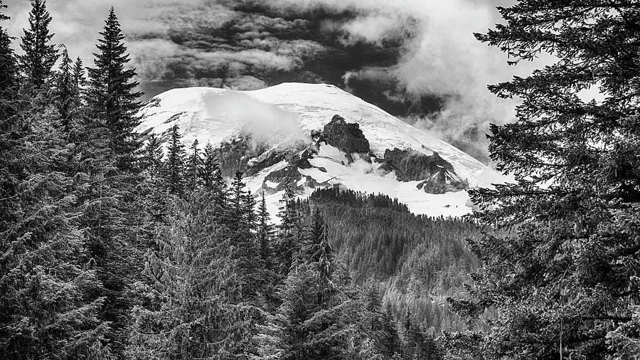 Mount Rainier National Park Photograph - Mt Rainier View - bw by Stephen Stookey
