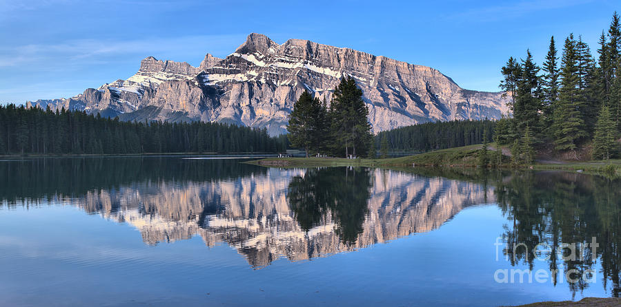 Mt. Rundle Two Jack Reflections With Trees Photograph by Adam Jewell