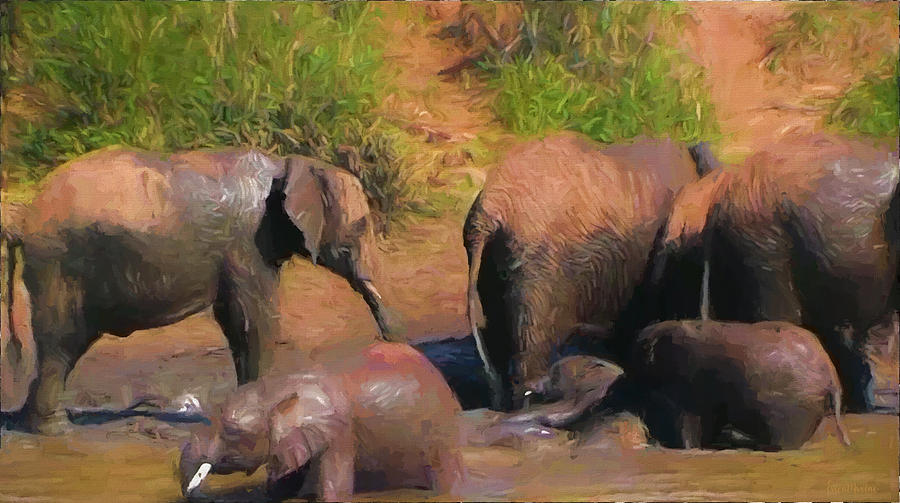 Elephant Painting - Mud Bath at Elephant Pond by Ericamaxine Price