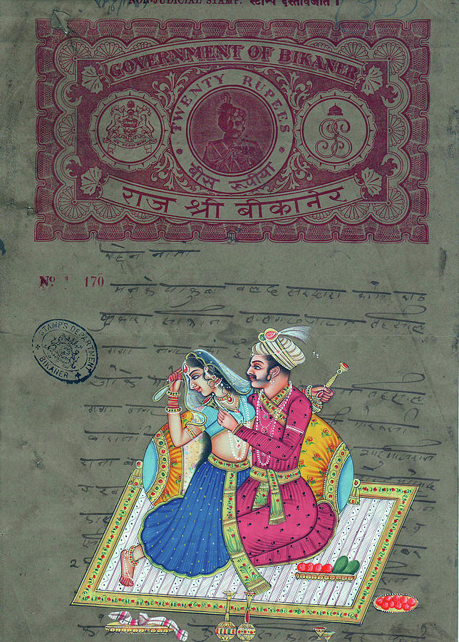 Mughal king india Art of Love Kamsutra indian miniature watercolor Painting on old antique stamp  Painting by Ravi Sharma