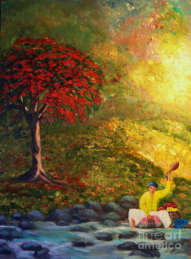 Lavandera Painting - Mujer Lavando En El Rio by Iris Mora Lavandera Painting - Mujer Lavando En El Rio by Iris Mora