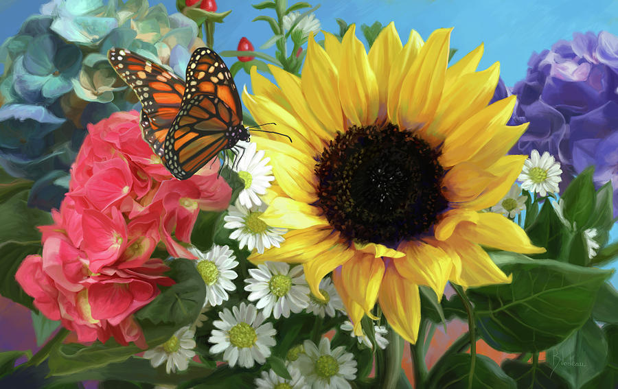 Sunflower Painting - Multicolor with Monarch by Lucie Bilodeau Sunflower Painting - Multicolor with Monarch by Lucie Bilodeau