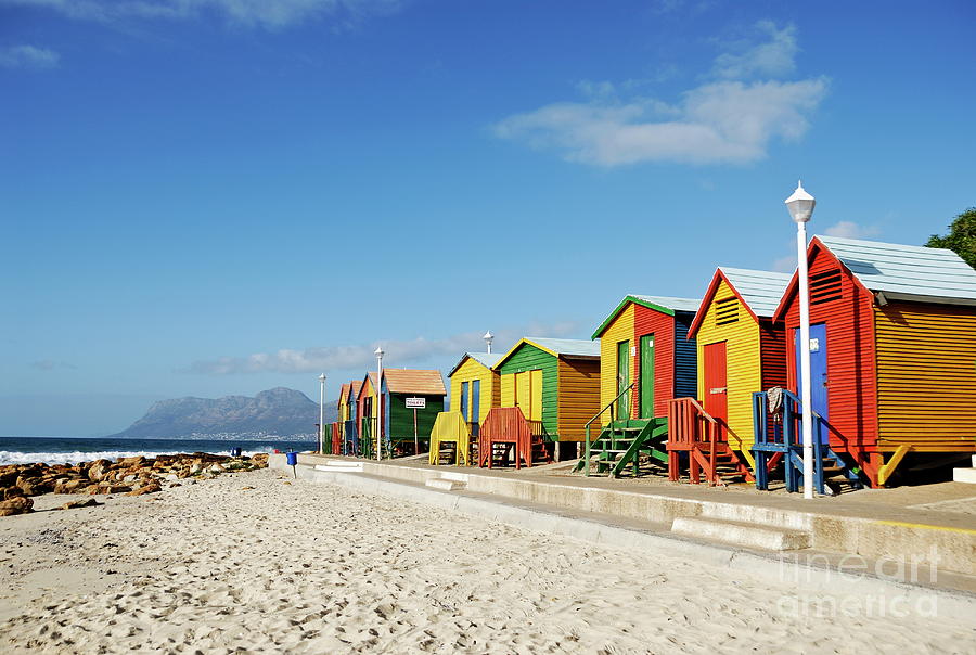 Multicoloured beach huts on Muizenberg beach Photograph by Sami Sarkis