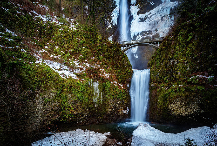 Winter Photograph - Multnomah Falls with Snow by Mike Penney