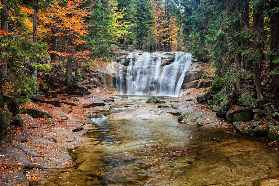 Mumlava Waterfall in Autumn Forest Photograph by Artur Bogacki