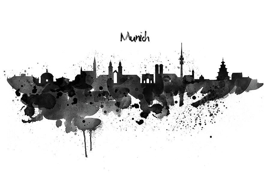 Munich Black and White Skyline Silhouette Painting by Marian Voicu