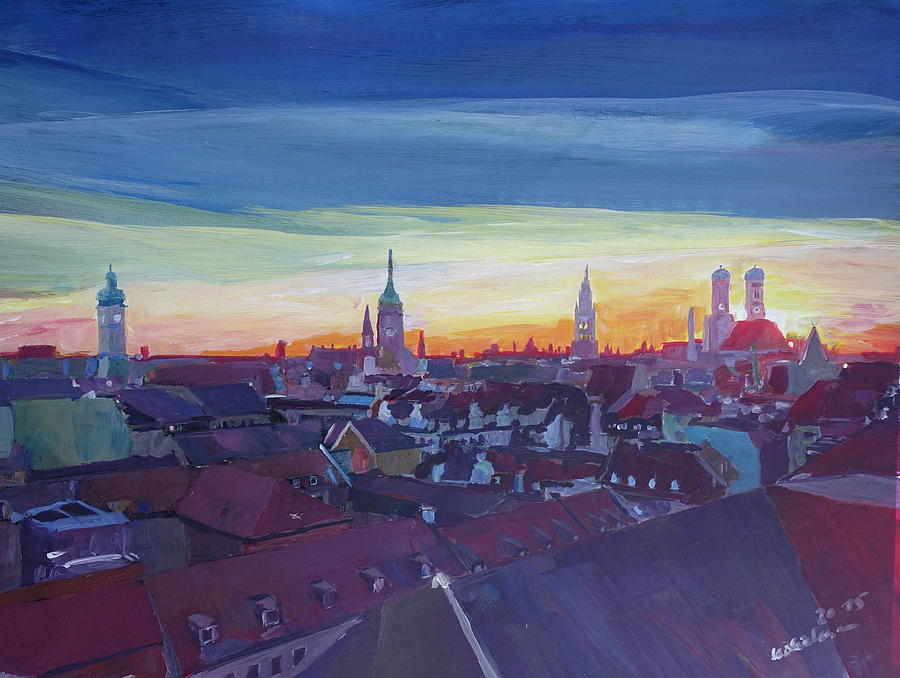 Munich Movie Painting - Munich Rooftop View At Sunset by M Bleichner