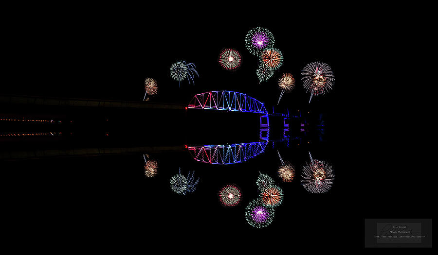 Muscatine Iowa Bridge and Fireworks Composite Photograph by Paul Brooks