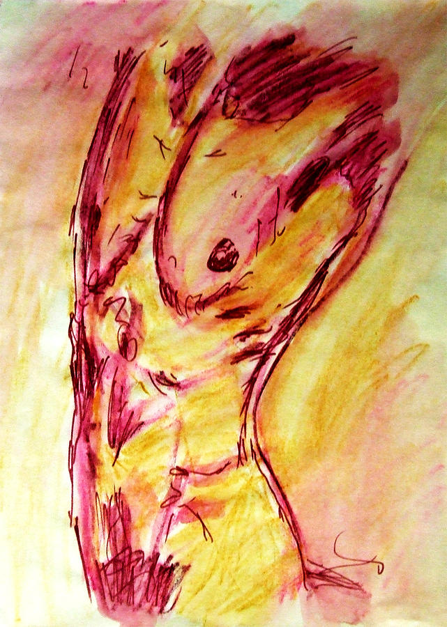 Muscled Male Nude Arched Back in a Classic Erotic Model Pose in Watercolor Purple and Yellow Sketch Painting by M Zimmerman