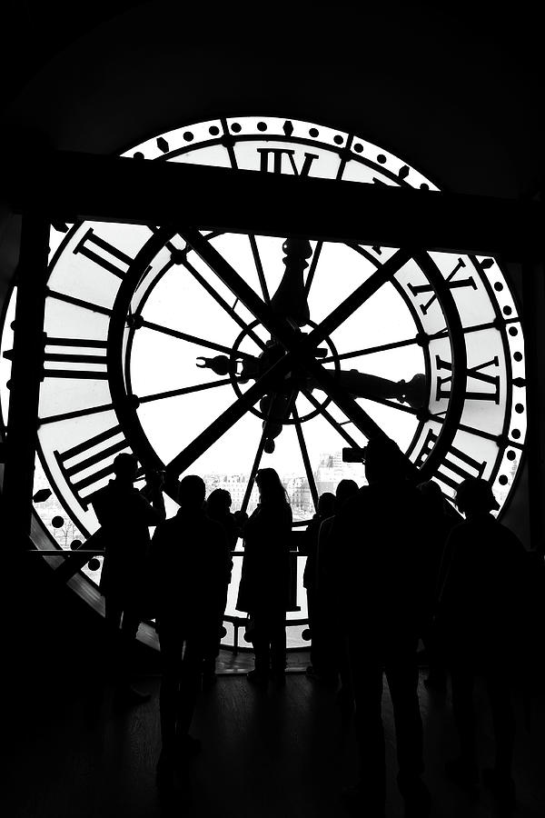 Musee dOrsay Giant Clock Face and People Silhouettes Paris France Black and White Photograph by Shawn OBrien