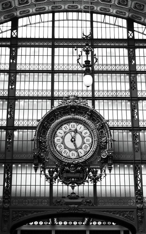 Musee DOrsay Giant Ornate Interior Gold Clock Masterpiece Paris France Black and White Photograph by Shawn OBrien