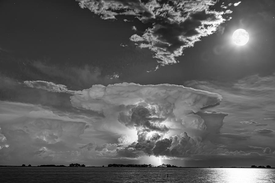 Mushroom Thunderstorm Cell Explosion And Full Moon Bw Photograph