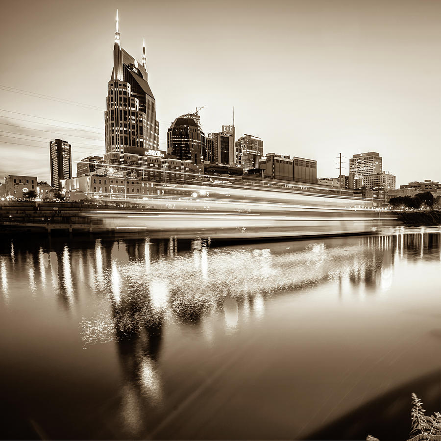 Nashville Photograph - Music City Motion - Nashville Skyline Square Format Sepia by Gregory Ballos