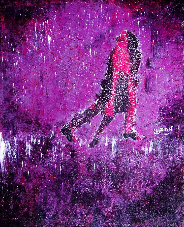 Music Inspired Dancing Tango Couple in Purple Rain Contemporary Lyrical Splattered and Emotional Painting by M Zimmerman