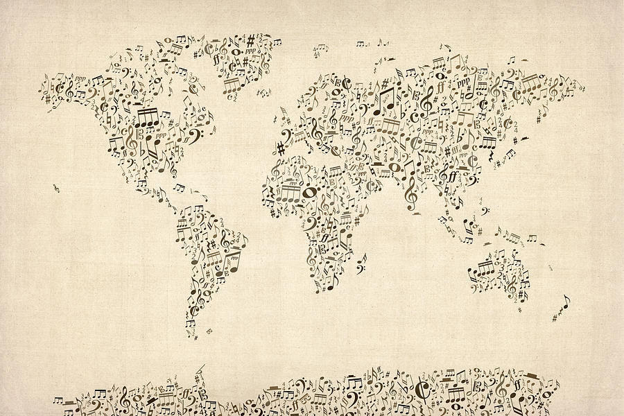 World Map Digital Art - Music Notes Map of the World Map by Michael Tompsett