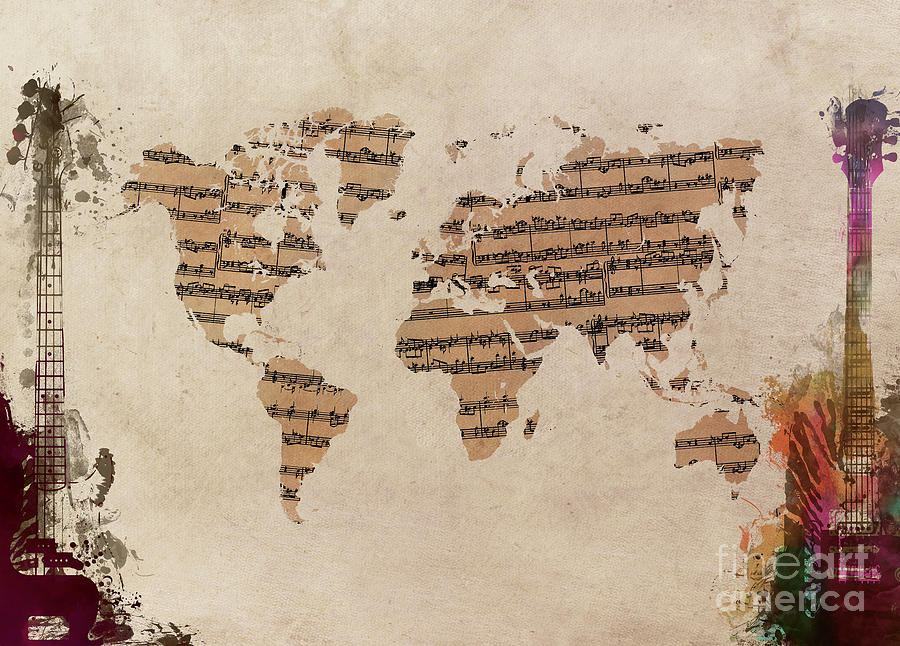 Music World Map Digital Art by Justyna Jaszke JBJart