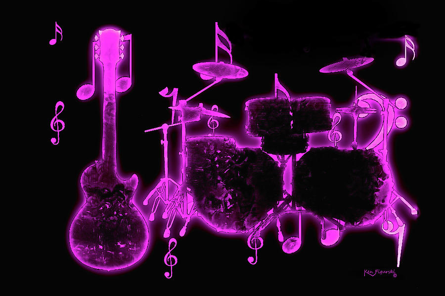 Musical Instrument Neon Colorful Art 3 Mixed Media by Ken Figurski
